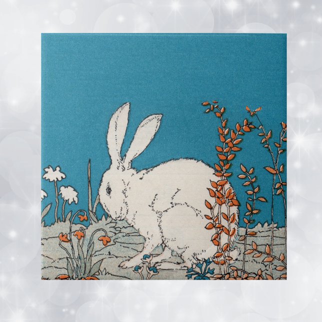 Elegant Vintage Vitkanin Kakelplatta (Fluffy white bunny sitiing in orange and white flowers on blue decorative ceramic tile.)