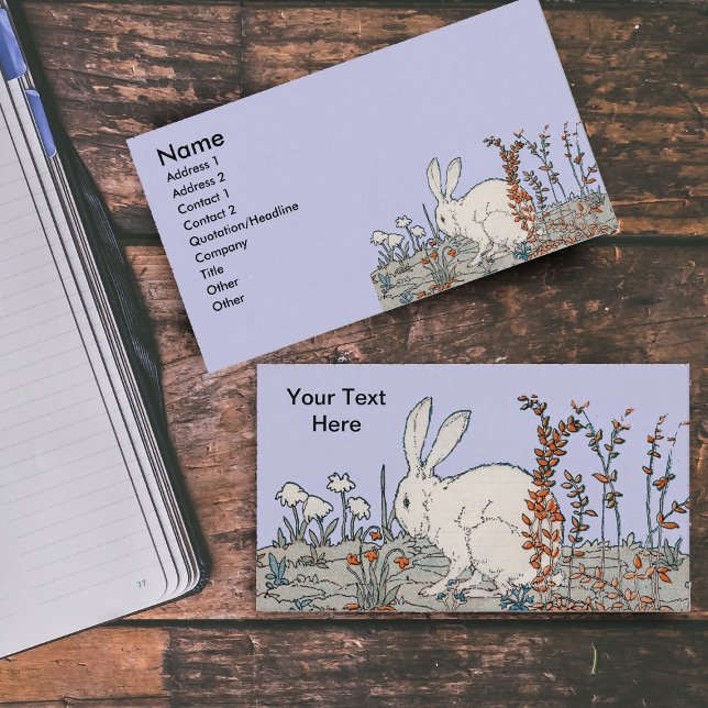 Elegant Vintage Vitkanin Visitkort (White rabbit sitting in orange and white flowers on light blue business cards.)
