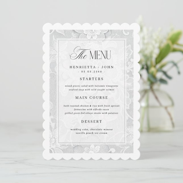 Elegant Vintage White Lace Wedding Menu Card Inbjudningar (Stående Fram)