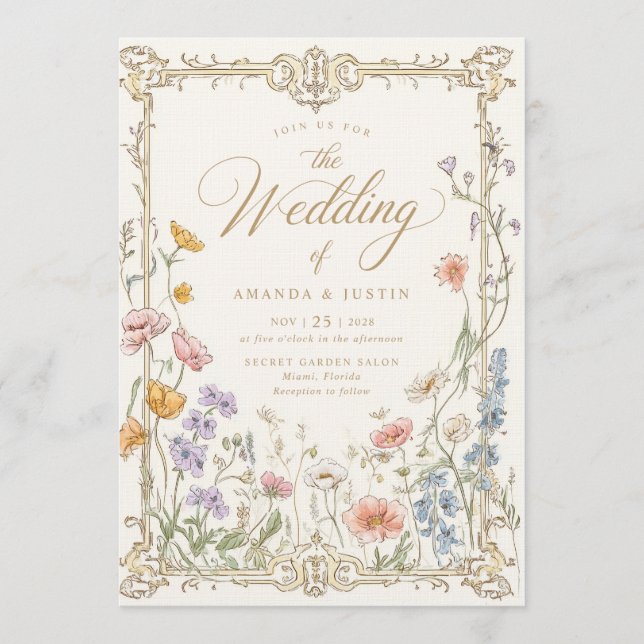 Elegant Vintage Wildflowers Floral Wedding Inbjudningar (Framsida)