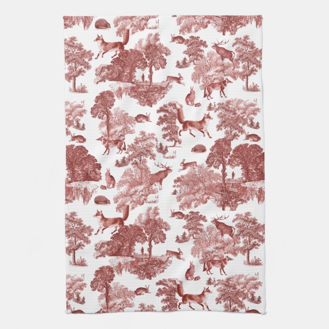 Elegant Vintage Woodland Fox Rabbit Red Toile Kökshandduk (Vertikal)