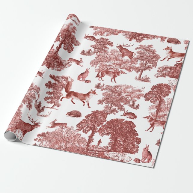 Elegant Vintage Woodland Fox Rabbit Red Toile Presentpapper (Utrullad)