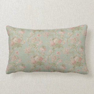 Elegant vintageblommigtro, grönt & rosor lumbarkudde