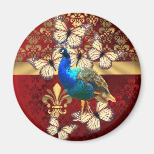 Elegant vintagepåfågel och röd damast magnet