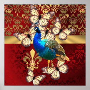 Elegant vintagepåfågel och röd damast poster