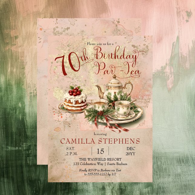 Elegant Vinter 70:e födelsedagen Par-Tea Party Inbjudningar (Elegant Winter Floral Tea Set Holly and Berries 70th Birthday Par-Tea Party Invitation)