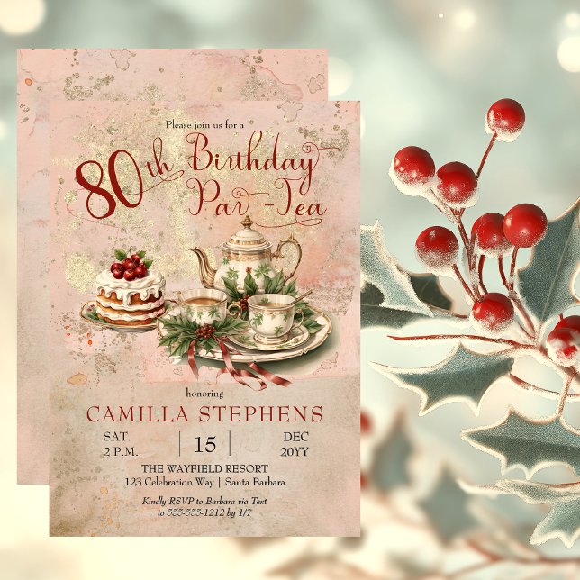 Elegant Vinter 80-årsfirande Par-Tea-fest Inbjudningar (Elegant Winter Floral Tea Set Holly and Berries 80th Birthday Par-Tea Party Invitation)