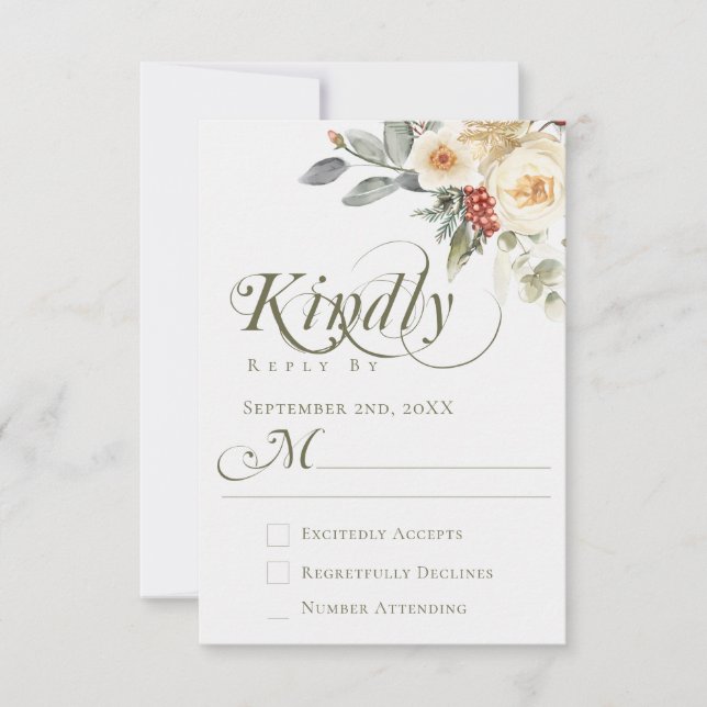 Elegant Vinter Blommig Kalligrafi Skript Bröllop OSA Kort (Framsida)