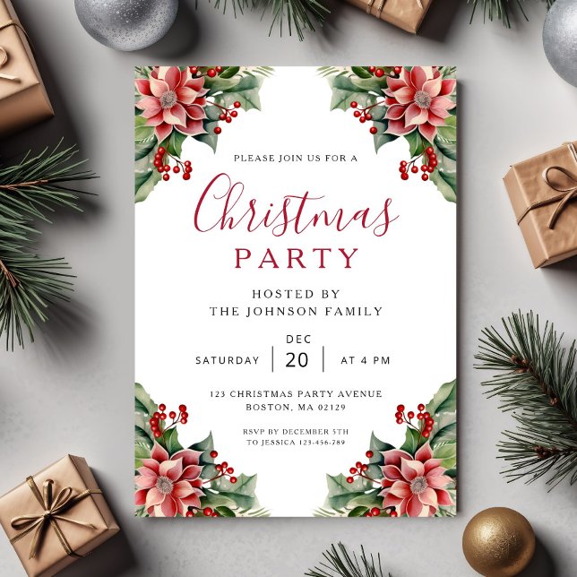 Elegant vinter botanisk julfest  inbjudningar (Elegant Winter Botanical Christmas Party Invitation)