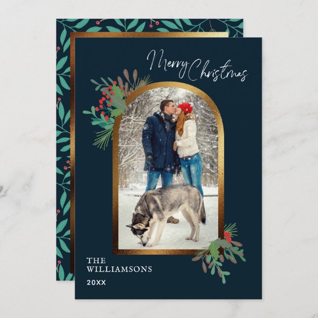 Elegant Vinter Foliage Anpassningsbar Arch Photo j Julkort (Fram/baksida)