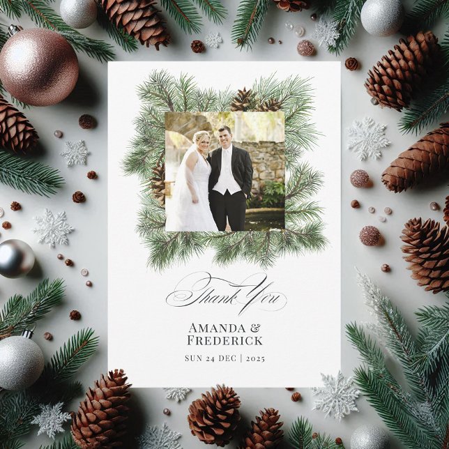Elegant Vinter Gräs-julfoto Bröllop Tack Kort (Elegant Winter Pine Christmas Wedding Photo Thank You Card)