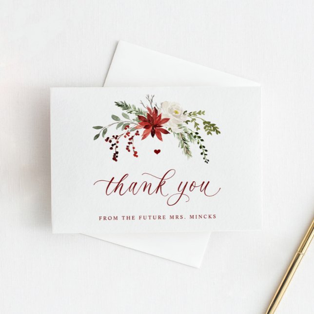 Elegant Vinter Grönska Bröllop Bröllopsdusch Tack Kort (Winter bridal shower thank you cards with Christmas greenery and elegant script)