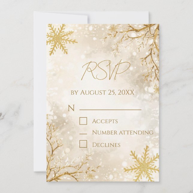 Elegant Vinter RSVP-kort | Elfenben & Guld Snöflin Inbjudningar (Framsida)