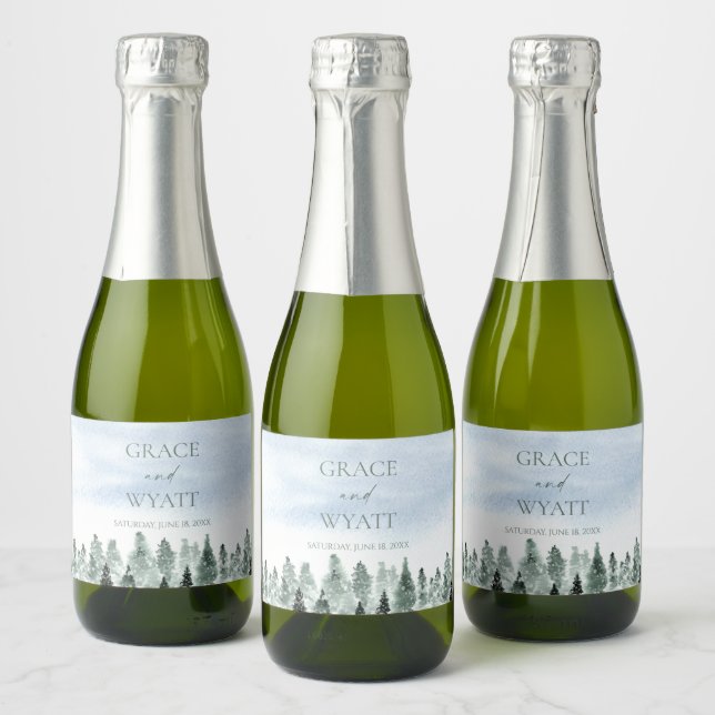 Elegant Vinter Snö Gröna Tallar Bröllop (Flaskor)