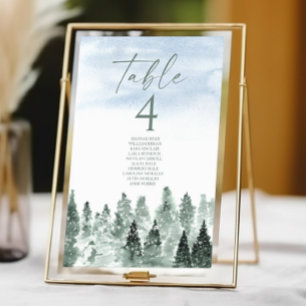 Elegant vinter snö gröna tallar bröllop bordsnummer