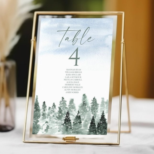 Elegant vinter snö gröna tallar bröllop bordsnummer (Skapare uppladdad)