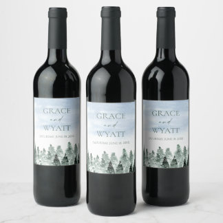 Elegant Vinter Snö Gröna Tallar Bröllop Vinflaska Etikett