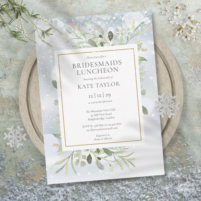Elegant vinter snö grönska brudtärna lunch inbjudningar (Elegant Winter Snow Greenery Bridesmaids Luncheon Invitation)