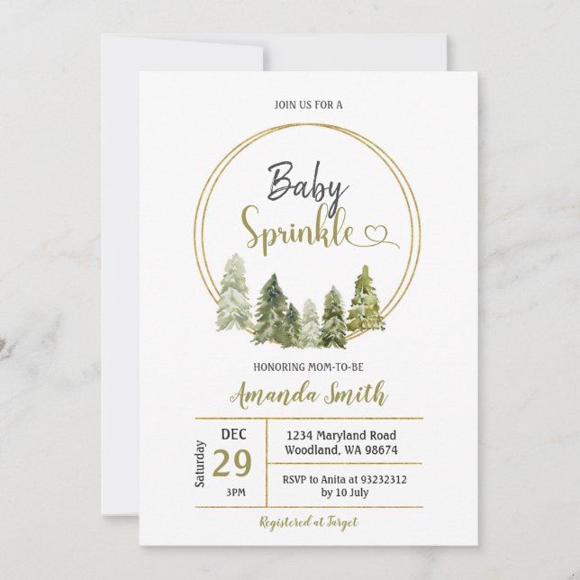 Elegant vinter tallskog baby sprinkle inbjudningar (Framsida)