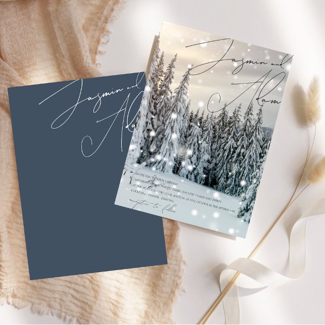 Elegant Vinter Värld Snöig Skog Bröllop Inbjudningar (Winter Wonderland Woodland Snow Script Wedding Invitation)
