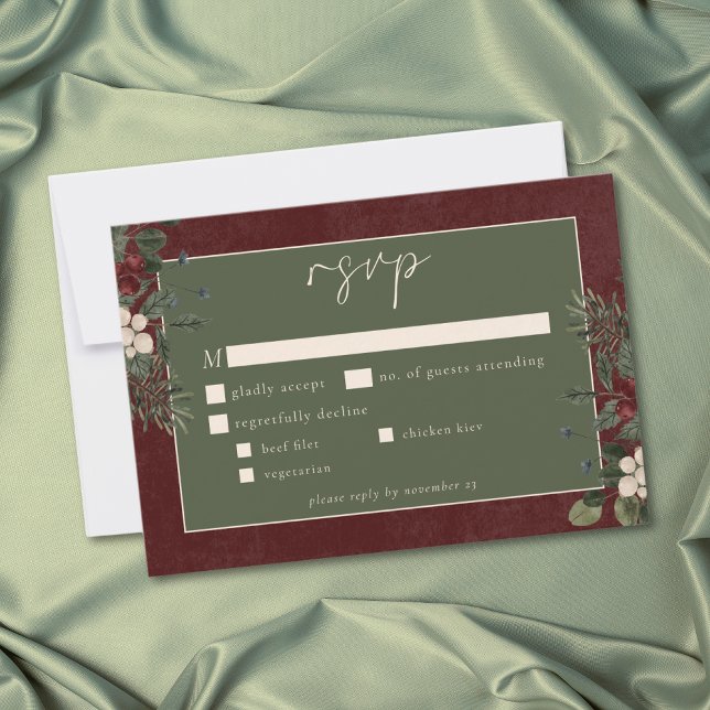 Elegant vinterbär & tall burgunderbröllop OSA kort (Elegant Winter Berries & Pine Burgundy Wedding RSVP Card)