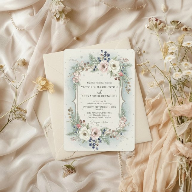 Elegant vinterblommig bröllopsinbjudan inbjudningar (winter wedding invitation showcases a soft floral wreath with blush flowers, winter greenery)