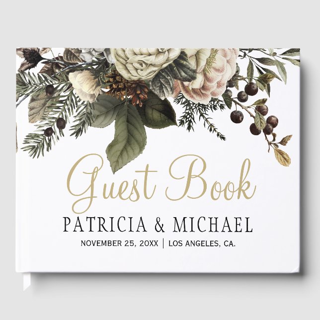 Elegant Vinterblommigt guld typografi bröllop Gästböcker (Framsida)