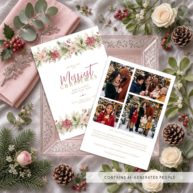 Elegant vinterbotanisk 4-foto bärpink TMF26 Julkort (Chic Winter Botanical Photo Cards with Watercolor Effect Poinsettia Floral Accents, Faux Gold Detail)