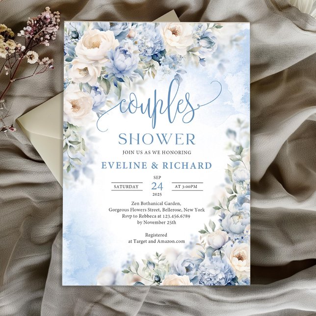 Elegant Vinterdammblått och elfenbensdusch i par Inbjudningar (Boho blue winter flowers greenery eucalyptus couples shower invitation)