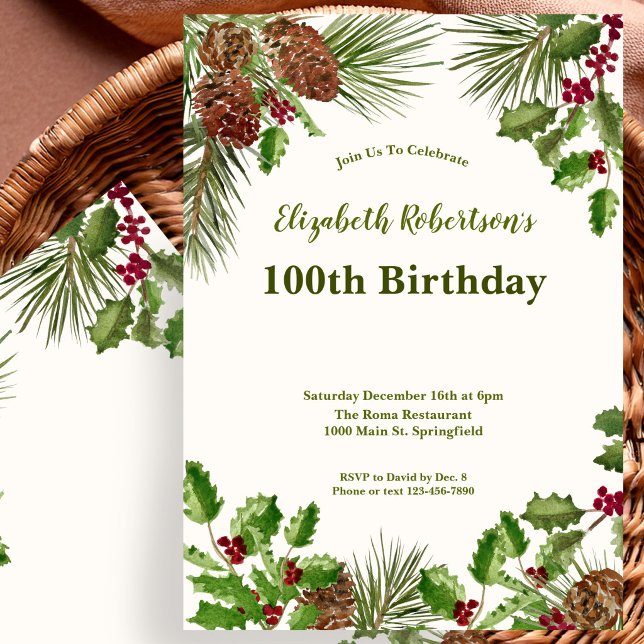 Elegant vintergrön 100-års födelsedagsinbjudan inbjudningar (Skapare uppladdad)