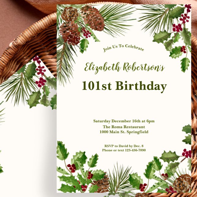 Elegant vintergrön 101-års födelsedagsinbjudan inbjudningar (Skapare uppladdad)