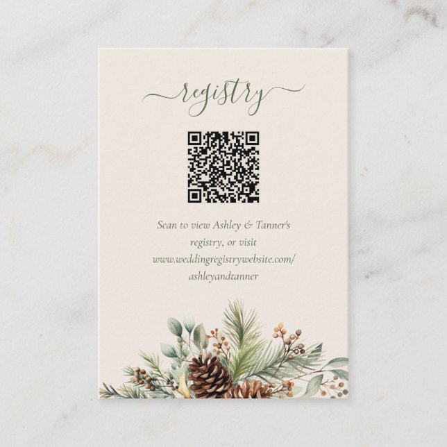 Elegant vintergrön bröllopspresentregistrering QR- Tilläggskort (Framsida)