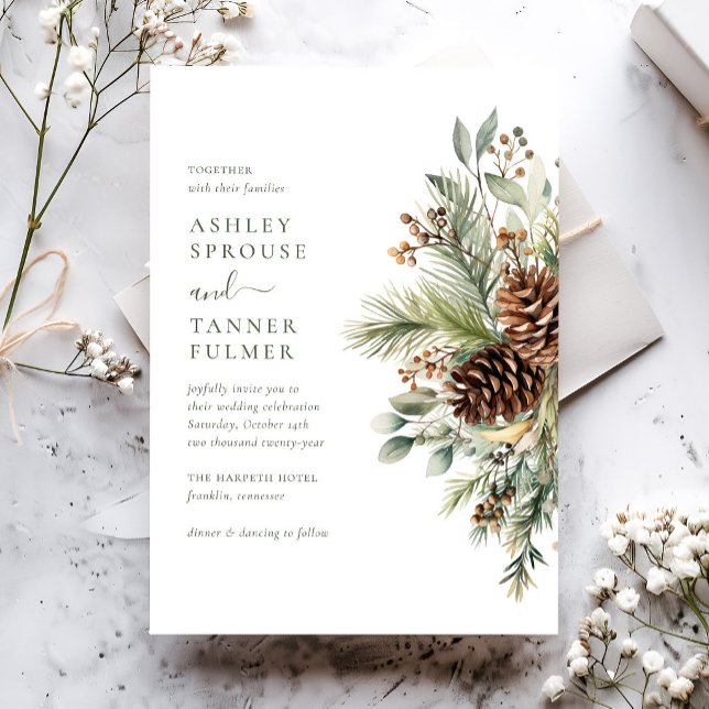 Elegant vintergrönska tall bröllop inbjudningar (Skapare uppladdad)