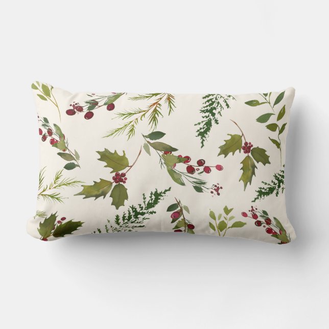 Elegant vinterhäckbärsgrönska jul lumbarkudde (Framsida)