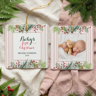 Elegant vinterlövverk Rosa Baby's First Christmas Julgransprydnad Keramik
