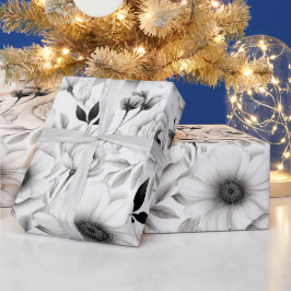Elegant vintersvartvitt och vit blommigt jul presentpapper