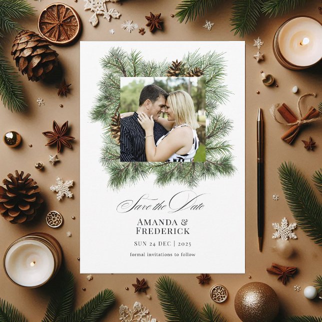 Elegant vintertall julbröllopsfoto spara datumet (Elegant Winter Pines Christmas Wedding Photo Save The Date)