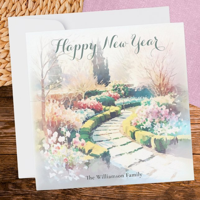 Elegant Vinterträdgård Chic Stilig Elegant Botanis Julkort (A personalized greeting card with 'Happy New Year' words and misty winter garden illustration)