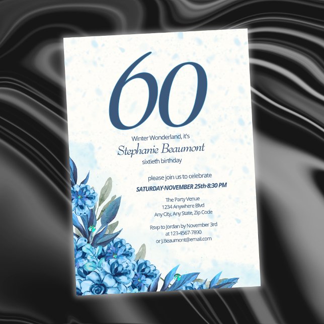 Elegant vintervit blå blommor 60-årsdag  inbjudningar (Skapare uppladdad)