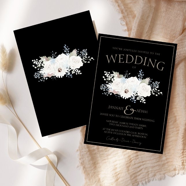 Elegant vintervit blomster svart bröllop inbjudningar (Winter White Floral and Black Christmas Wedding Invitation)