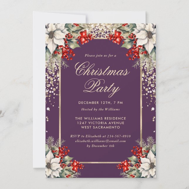 Elegant Violet Gold Botanical Christmas Party Inbjudningar (Framsida)