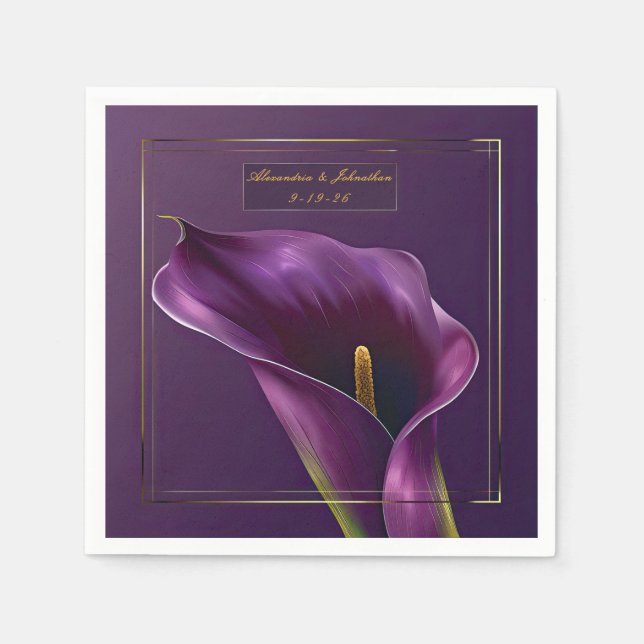 Elegant Violet & Gold Calla Lily Wedding Pappersservett (Framsidan)