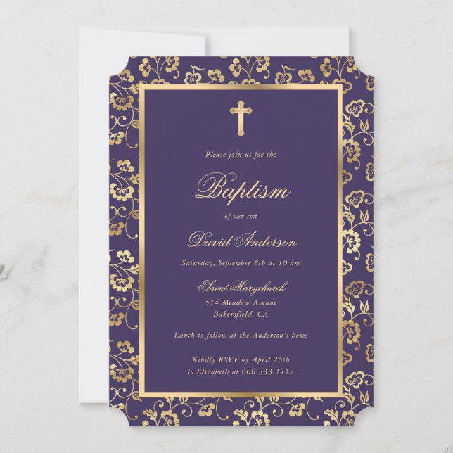 Elegant Violet Guld Kor Blommigt Baptism i Inbjudningar (Framsida)