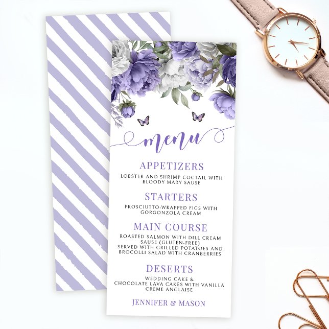 Elegant violet lavender blommigt bröllop-menykort (Skapare uppladdad)