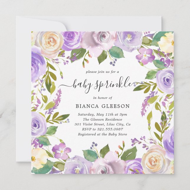 Elegant Violet Lila Blommigt Girl Girl Baby Sprink Inbjudningar (Framsida)