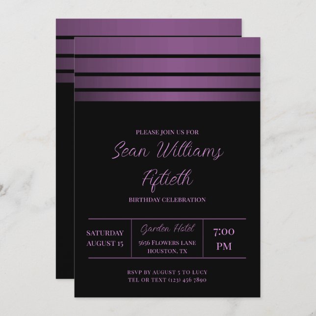 Elegant Violet Rand Masculine Birthday Inbjudningar (Fram/baksida)