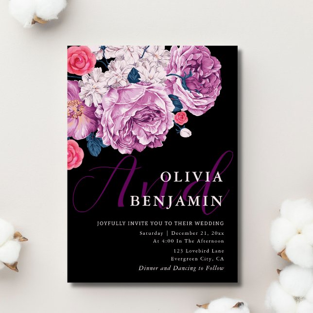 Elegant Violet Ro Calligraphy Black Bröllop Inbjudningar (Elegant Violet Rose Calligraphy Black Wedding Invitation)
