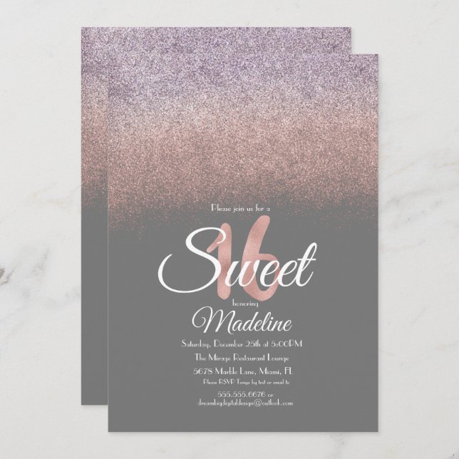 Elegant Violet  Rosa Ombre Glitter Sweet 16 Inbjudningar (Fram/baksida)