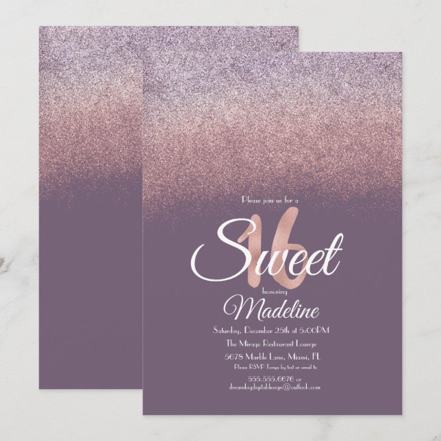 Elegant Violet  Rosa Ombre Glitter Sweet 16 Inbjudningar (Fram/baksida)