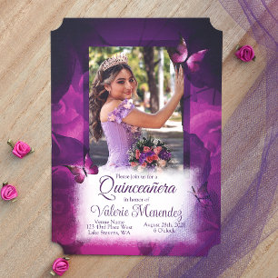Elegant Violet Rosa ros, Butterflies Quinceanera Inbjudningar